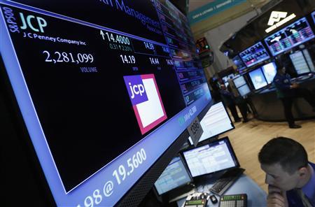 The ticker symbol for JC Penney is displayed at booth trading stock on the floor at the New York Stock Exchange